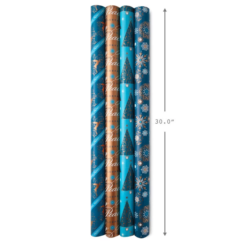 Hallmark Elegant Blues 4-Pack Blue And Gold Reversible Wrapping Paper, 150 Sq. Ft. - Image 7