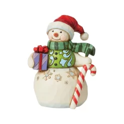 Enesco Jim Shore Snowman With Gift And Candy Cane Mini Figurine, 3.5"