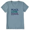 Life Is Good Peace Love Dogs Women's Blue-Gray V-Neck Tee, Medium