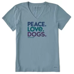 Life Is Good Peace Love Dogs Women's Blue-Gray V-Neck Tee, Medium