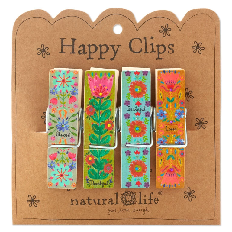 Natural Life Thankful Blessed Floral Happy Clips, Set Of 4